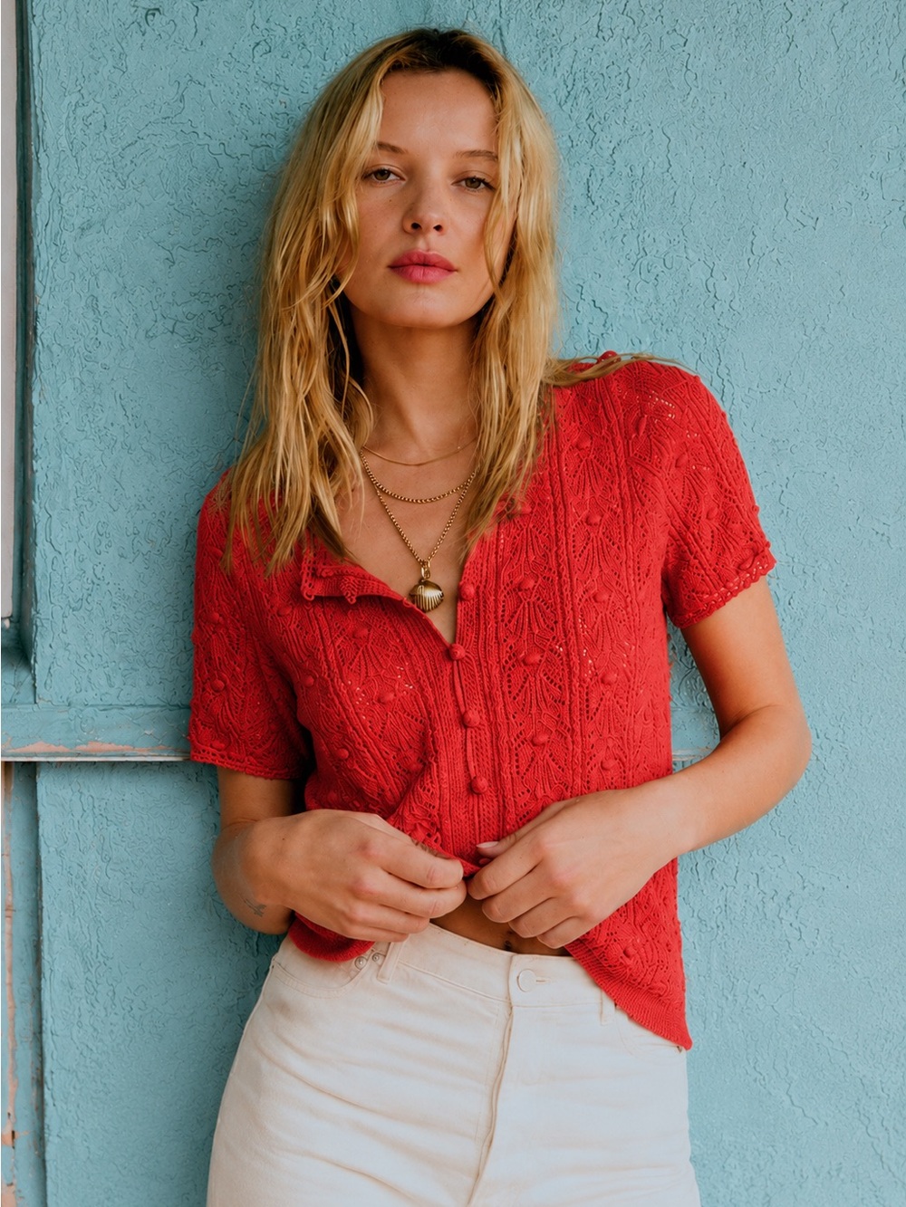 Sezane Milane Red Short-Sleeve Knit Button-Up Top Size M